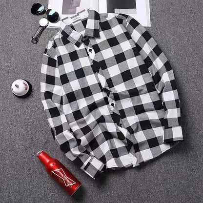 Trendy Black White Plaid Shirt Men's Korean Style Loose Fit Casual Long Sleeve Top Jacket For Summer Autumn
