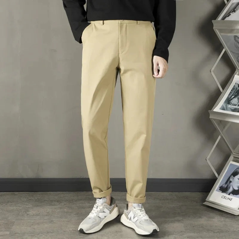 Trendy Casual Slim Fit Men's Black Anti-Wrinkle Straight Leg Pants High-End Feeling Nine Points Long Trousers for Men