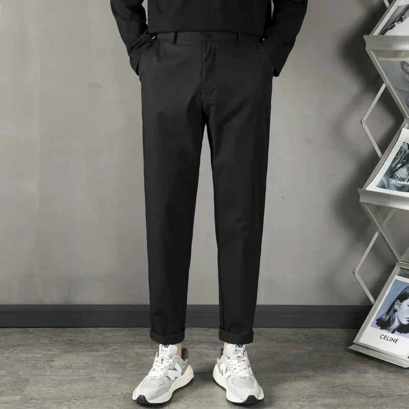 Trendy Casual Slim Fit Men's Black Anti-Wrinkle Straight Leg Pants High-End Feeling Nine Points Long Trousers for Men