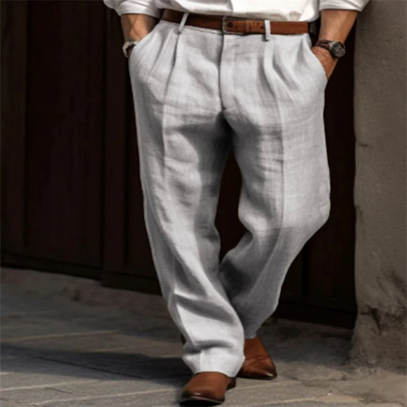 2025 Men's Stand Pocket Casual Linen Pants Solid White Gray Trouser Plus Size 3xl Mens Elegant Fashion Sweatpants Men Streetwear