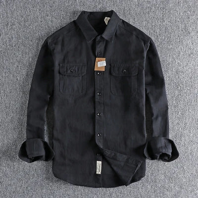 Autumn New American Retro Twill Woven Cargo Shirt Men's Fashion Pure Cotton Washed Old Long Sleeve Double Pocket Casual Blouses