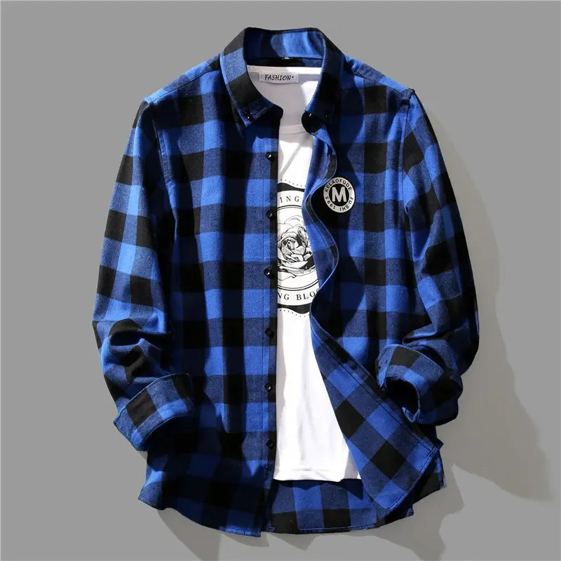 Trendy Black White Plaid Shirt Men's Korean Style Loose Fit Casual Long Sleeve Top Jacket For Summer Autumn