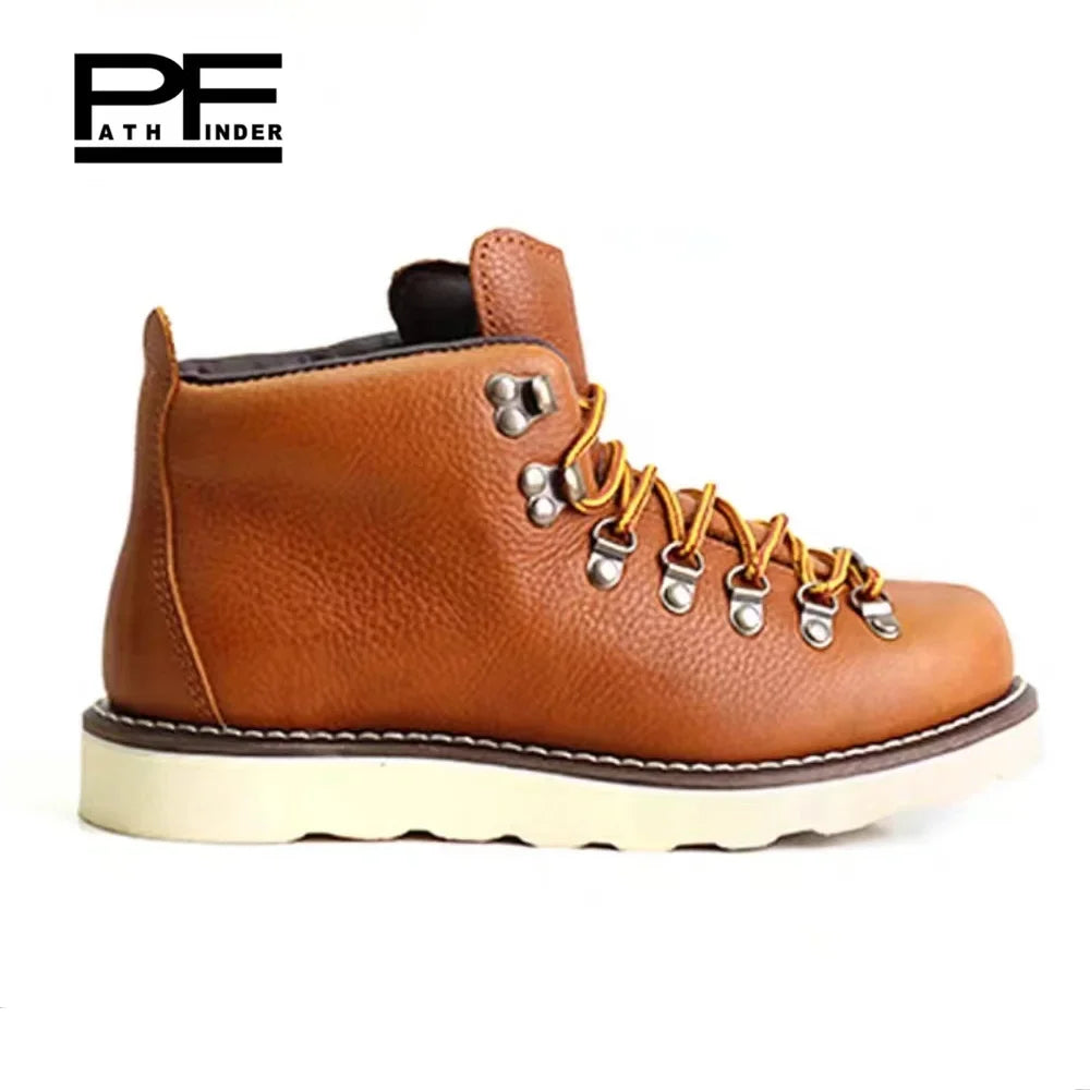 pf Fashion Men's Genuine Leather Motorcycle Boots Work Shoes Women Ankle Western Hiking Boots Non-slip Lace Up