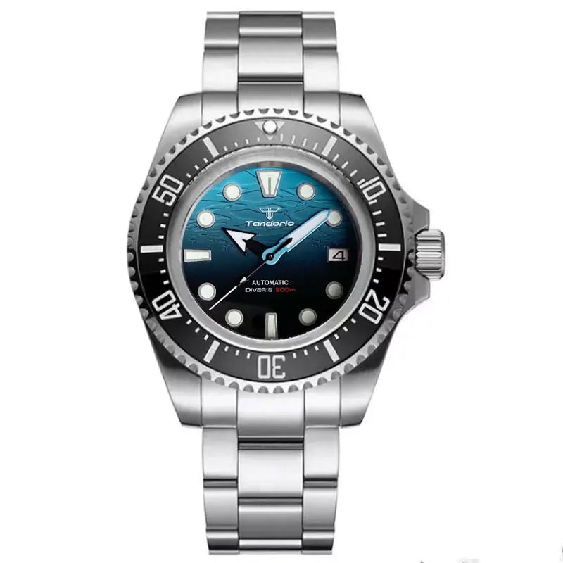 Tandorio 43mm NH35A Men Automatic Watch Blue Sea Dial Sapphire Glass Deep Swimming Watches 10ATM Waterproof Steel Bracelet