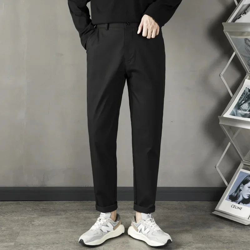 Trendy Casual Slim Fit Men's Black Anti-Wrinkle Straight Leg Pants High-End Feeling Nine Points Long Trousers for Men