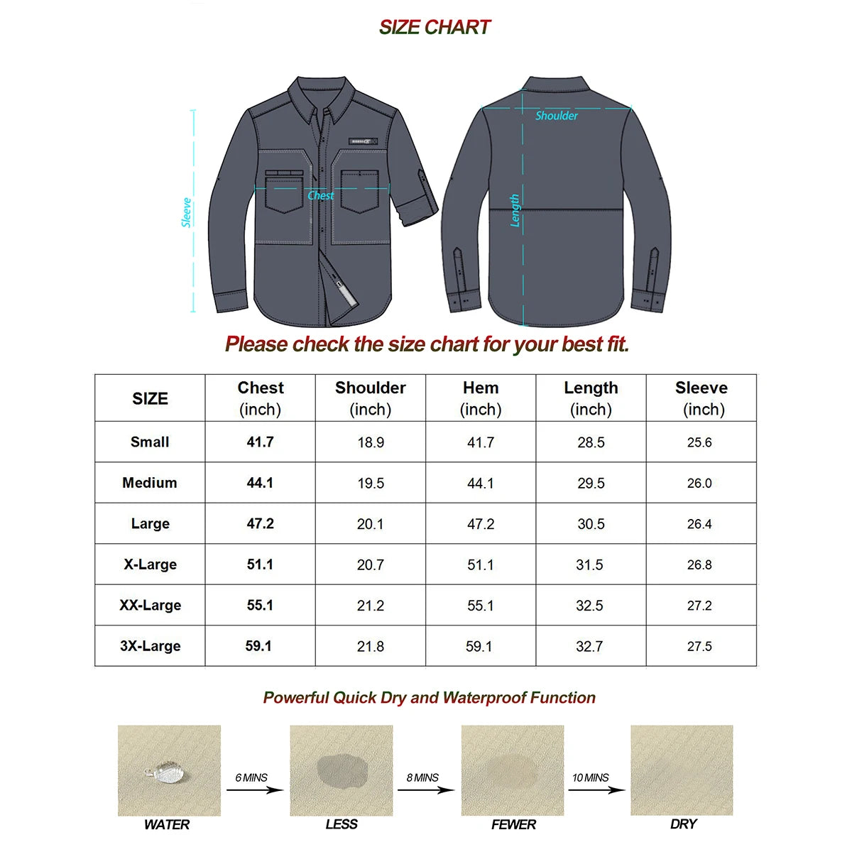 Men's UPF 50+ Long Sleeve Fishing Shirts Sun Protection Breathable Hiking Work Shirt Casual Button Down Shirt with Zipper Pocket