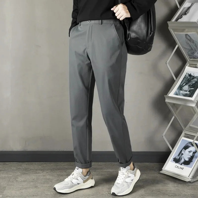 Trendy Casual Slim Fit Men's Black Anti-Wrinkle Straight Leg Pants High-End Feeling Nine Points Long Trousers for Men