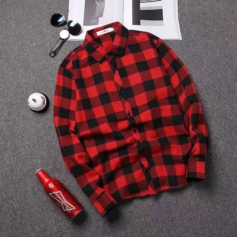 Trendy Black White Plaid Shirt Men's Korean Style Loose Fit Casual Long Sleeve Top Jacket For Summer Autumn