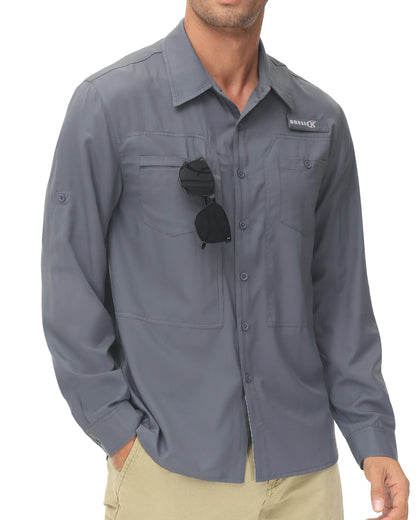 Men's UPF 50+ Long Sleeve Fishing Shirts Sun Protection Breathable Hiking Work Shirt Casual Button Down Shirt with Zipper Pocket