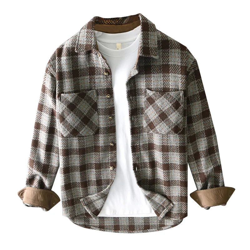 T735 Vintage Plaided Shirt Men's Winter Fall Fashion Dual Pocket Long Sleeve Loose Casual Lapel Blouse Teens Premium Daily Coats