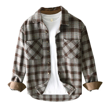 T735 Vintage Plaided Shirt Men's Winter Fall Fashion Dual Pocket Long Sleeve Loose Casual Lapel Blouse Teens Premium Daily Coats