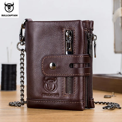 Bullcaptain Genuine Leather Men's Wallet Fashion Quality Travel Purse Rfid Protect Credit Card Holder Wollst for Men with Chain
