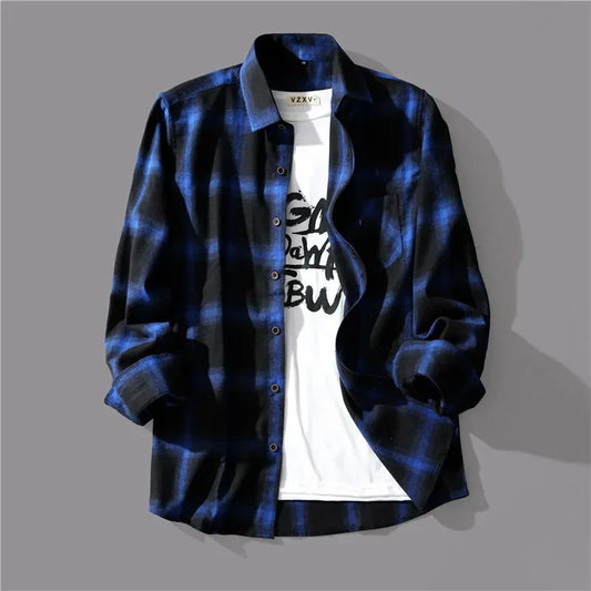 Trendy Black White Plaid Shirt Men's Korean Style Loose Fit Casual Long Sleeve Top Jacket For Summer Autumn