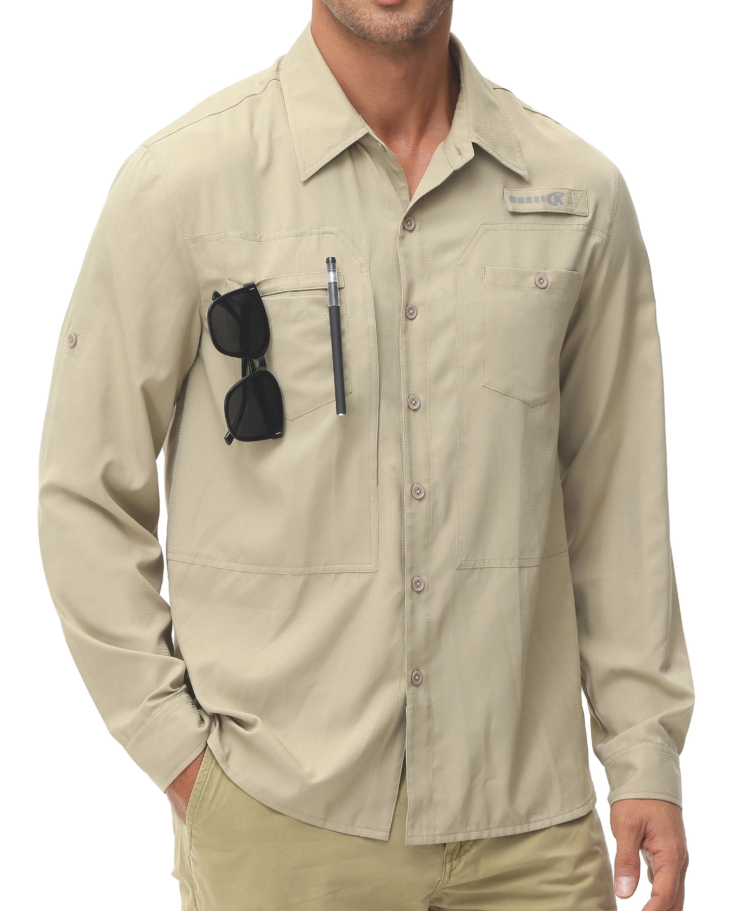 Men's UPF 50+ Long Sleeve Fishing Shirts Sun Protection Breathable Hiking Work Shirt Casual Button Down Shirt with Zipper Pocket
