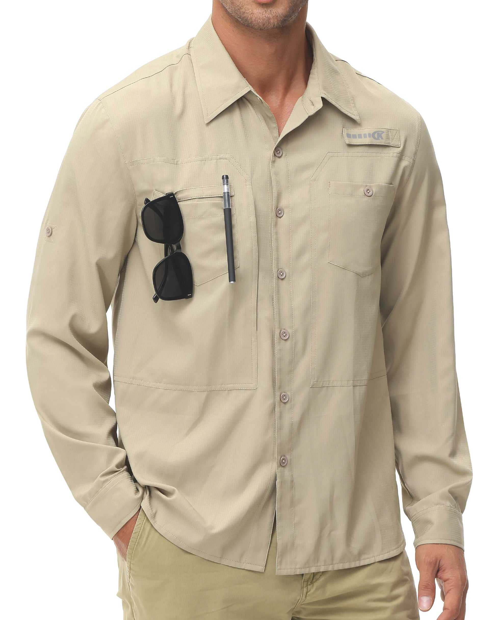 Men's UPF 50+ Long Sleeve Fishing Shirts Sun Protection Breathable Hiking Work Shirt Casual Button Down Shirt with Zipper Pocket