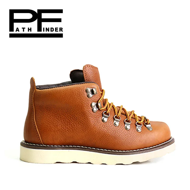 pf Fashion Men's Genuine Leather Motorcycle Boots Work Shoes Women Ankle Western Hiking Boots Non-slip Lace Up