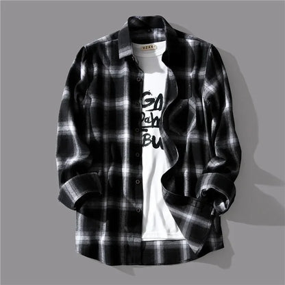 Trendy Black White Plaid Shirt Men's Korean Style Loose Fit Casual Long Sleeve Top Jacket For Summer Autumn
