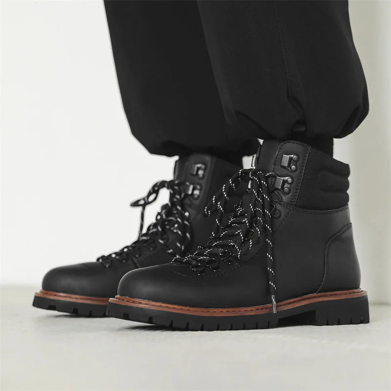 men fashion stage nightclub platform shoes lace-up original leather shoes cowboy tooling work boot cool motorcycle ankle botas