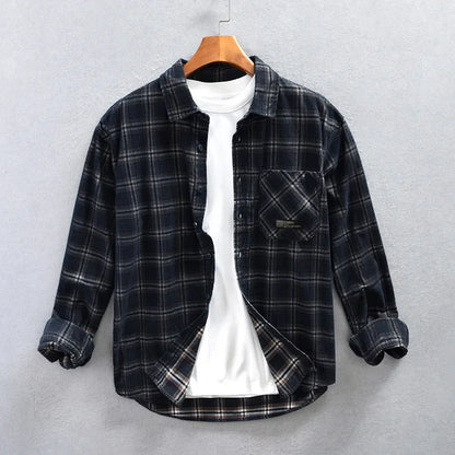 Men's Corduroy Plaid Shirt Z799 Classic Checkered Patterned Long Sleeve Casual Button-Up Fashionable Male Attire