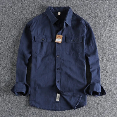 Autumn New American Retro Twill Woven Cargo Shirt Men's Fashion Pure Cotton Washed Old Long Sleeve Double Pocket Casual Blouses
