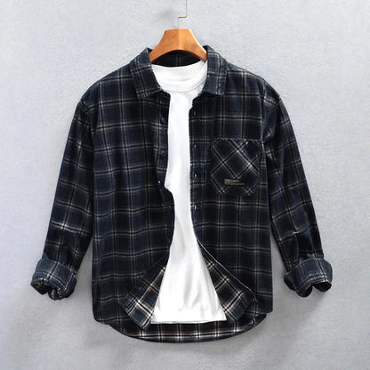 Men's Corduroy Plaid Shirt Z799 Classic Checkered Patterned Long Sleeve Casual Button-Up Fashionable Male Attire