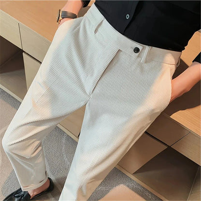 Thickened Corduroy Men's Formal Trousers Winter Business Style Casual Pants Slim Fit British Style Small Footed Pants