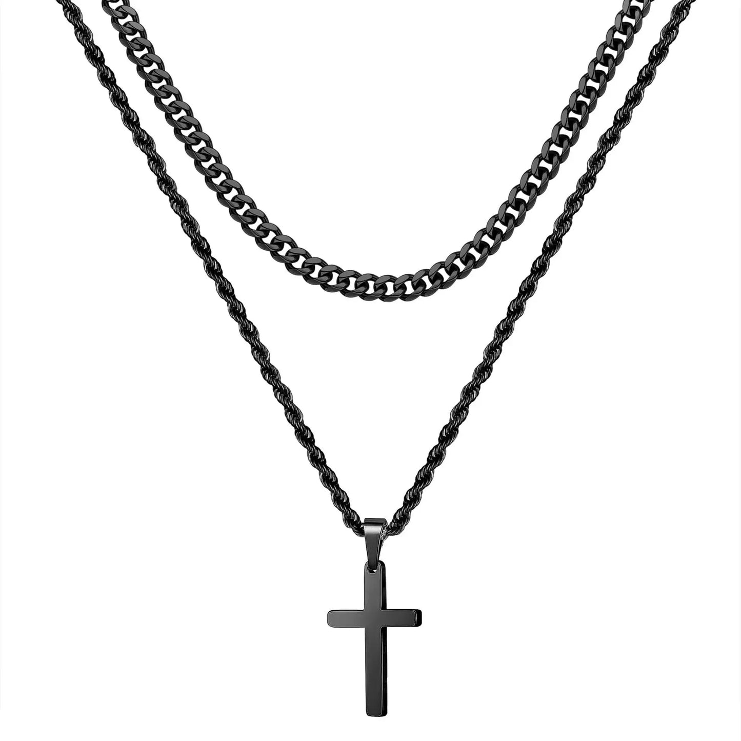HNSP Stainless Steel Double Chain Cross Necklace Pendant For Men Gift Jewelry Accessory Gold Black Silver Color