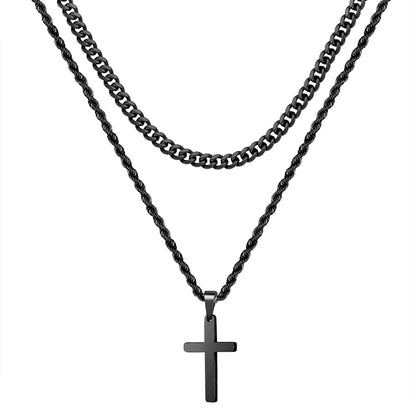 HNSP Stainless Steel Double Chain Cross Necklace Pendant For Men Gift Jewelry Accessory Gold Black Silver Color