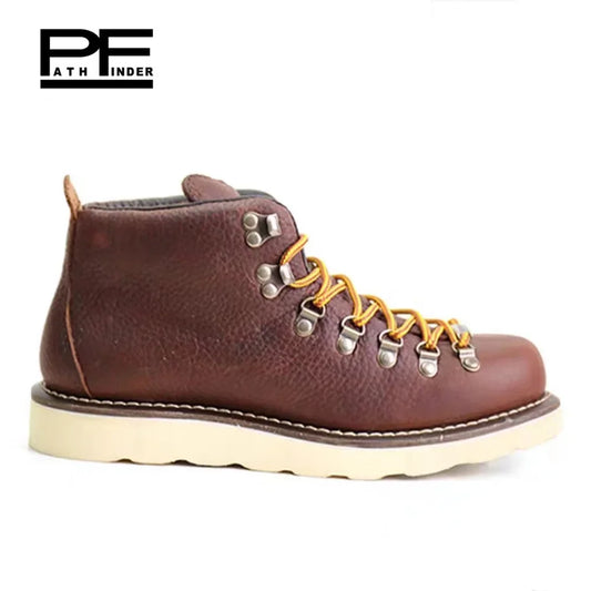 pf Fashion Men's Genuine Leather Motorcycle Boots Work Shoes Women Ankle Western Hiking Boots Non-slip Lace Up