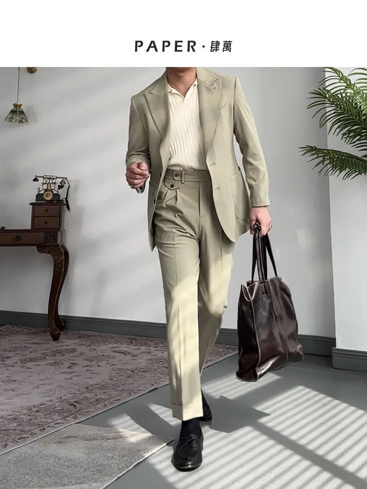High-grade straight-leg mid-high waist trousers casual business slim-fit trousers seersucker pants for men