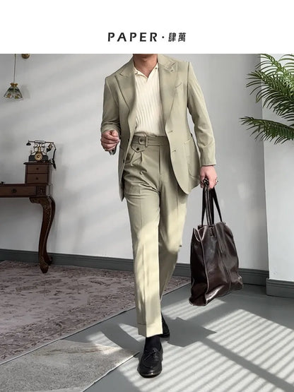 High-grade straight-leg mid-high waist trousers casual business slim-fit trousers seersucker pants for men