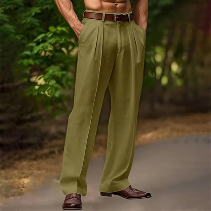 Vintage Solid Color Loose Linen Trousers For Mens Spring Summer New Casual Straight Pants Men Fashion Pleated Breathable Pants