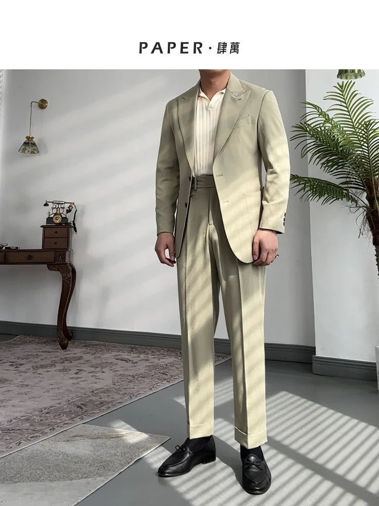 High-grade straight-leg mid-high waist trousers casual business slim-fit trousers seersucker pants for men