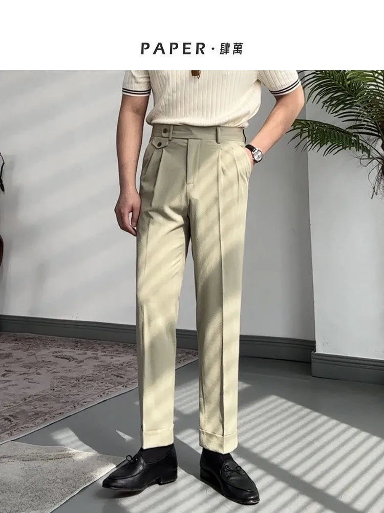 High-grade straight-leg mid-high waist trousers casual business slim-fit trousers seersucker pants for men