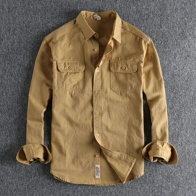 Autumn New American Retro Twill Woven Cargo Shirt Men's Fashion Pure Cotton Washed Old Long Sleeve Double Pocket Casual Blouses