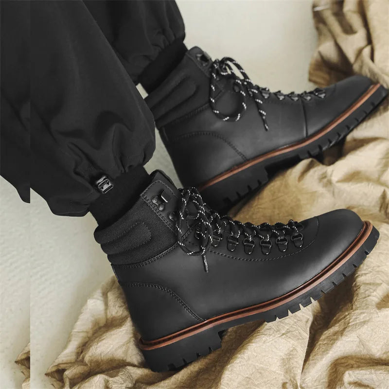 men fashion stage nightclub platform shoes lace-up original leather shoes cowboy tooling work boot cool motorcycle ankle botas
