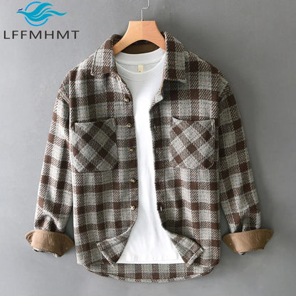 T735 Vintage Plaided Shirt Men's Winter Fall Fashion Dual Pocket Long Sleeve Loose Casual Lapel Blouse Teens Premium Daily Coats