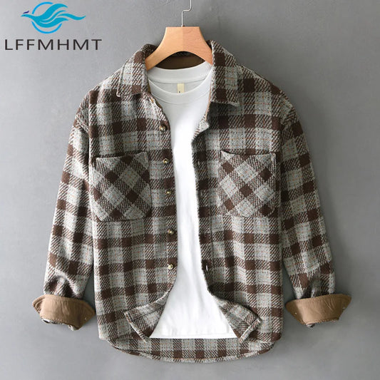 T735 Vintage Plaided Shirt Men's Winter Fall Fashion Dual Pocket Long Sleeve Loose Casual Lapel Blouse Teens Premium Daily Coats