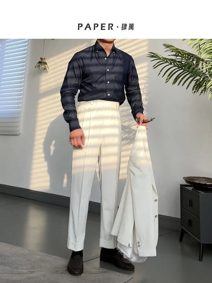 High-grade straight-leg mid-high waist trousers casual business slim-fit trousers seersucker pants for men