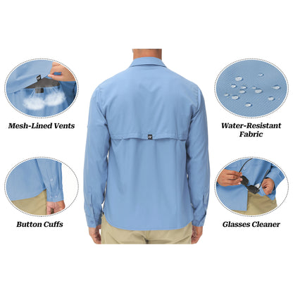 Men's UPF 50+ Long Sleeve Fishing Shirts Sun Protection Breathable Hiking Work Shirt Casual Button Down Shirt with Zipper Pocket