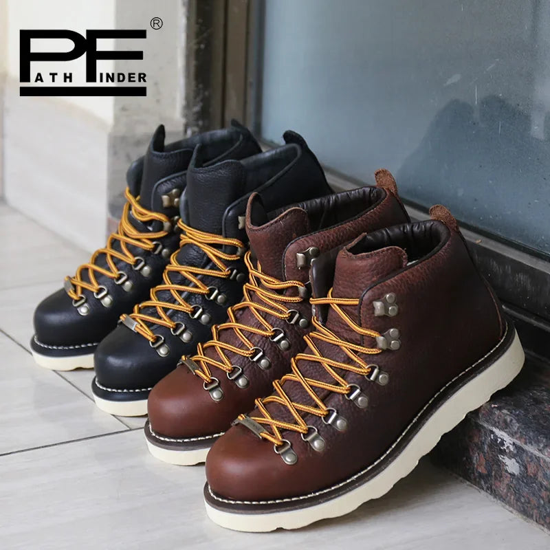 pf Fashion Men's Genuine Leather Motorcycle Boots Work Shoes Women Ankle Western Hiking Boots Non-slip Lace Up