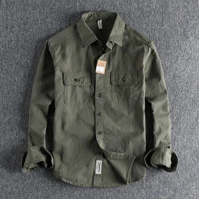 Autumn New American Retro Twill Woven Cargo Shirt Men's Fashion Pure Cotton Washed Old Long Sleeve Double Pocket Casual Blouses
