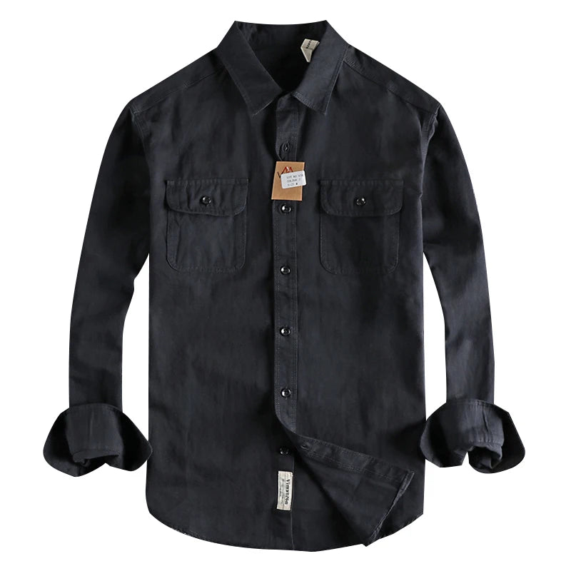Autumn New American Retro Twill Woven Cargo Shirt Men's Fashion Pure Cotton Washed Old Long Sleeve Double Pocket Casual Blouses