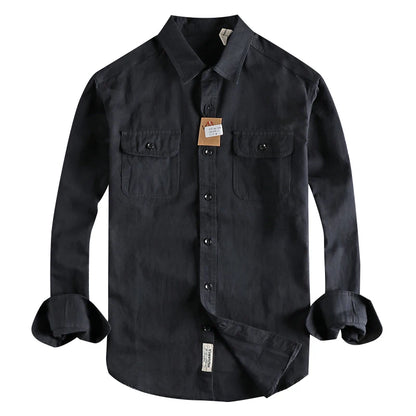 Autumn New American Retro Twill Woven Cargo Shirt Men's Fashion Pure Cotton Washed Old Long Sleeve Double Pocket Casual Blouses