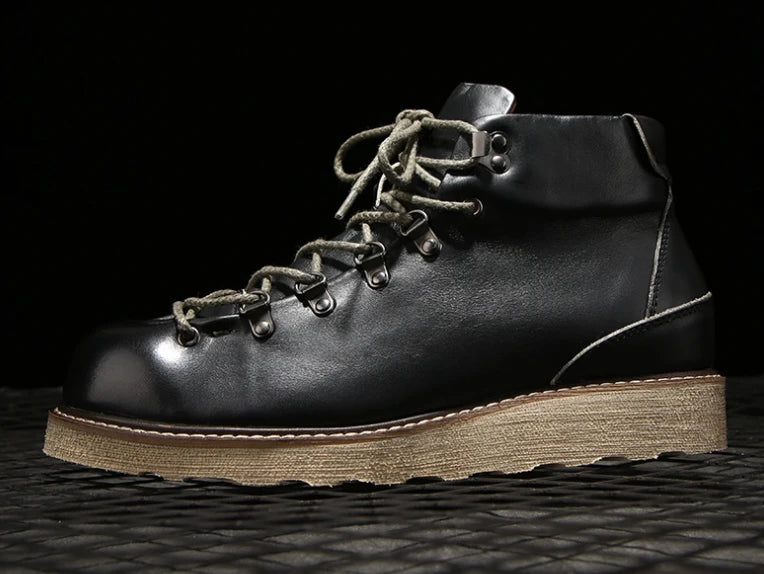 Men's Cowhide Thick-soled Boots Ankle Boots Male Casual Lace Up Boots Retro British Outdoor Tooling Shoes