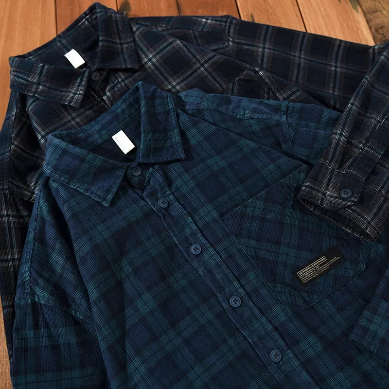 Men's Corduroy Plaid Shirt Z799 Classic Checkered Patterned Long Sleeve Casual Button-Up Fashionable Male Attire
