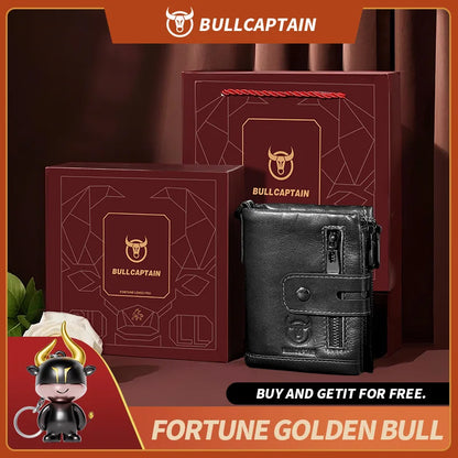 Bullcaptain Genuine Leather Men's Wallet Fashion Quality Travel Purse Rfid Protect Credit Card Holder Wollst for Men with Chain