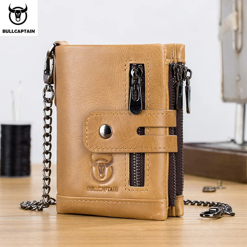 Bullcaptain Genuine Leather Men's Wallet Fashion Quality Travel Purse Rfid Protect Credit Card Holder Wollst for Men with Chain