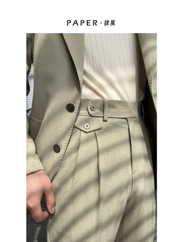 High-grade straight-leg mid-high waist trousers casual business slim-fit trousers seersucker pants for men