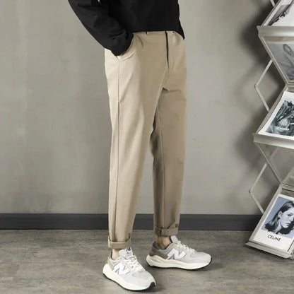 Trendy Casual Slim Fit Men's Black Anti-Wrinkle Straight Leg Pants High-End Feeling Nine Points Long Trousers for Men